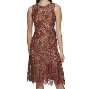 Calvin Klein 2 Lace Brown Dress Floral A-Line Sheath Fringe Formal Wedding Party